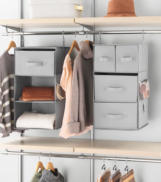 Whitmor Multi-Functional Hanging Organizer with Drawer Inserts- 5 Section - Closet Organizer - Grey