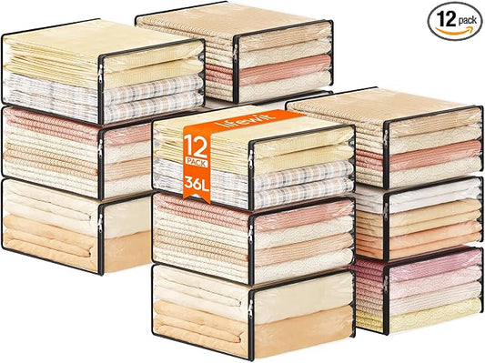Lifewit 36L Clear Sheet Storage Bags with Zipper 12 Pack, Plastic Sweater Storage Bins for Clothing, Vinyl Foldable Clothes Containers Organizers for Closet, Blankets, Bedding 17.7 x 15.7 x 7.9 Inch