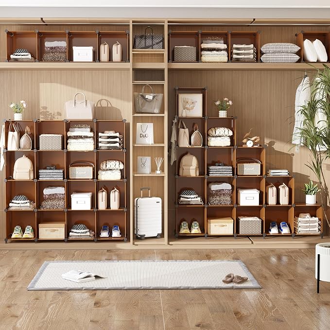 AWTATOS Closet Organizer, 12 Cube Storage Organizer Shelves, Cocoa Brown | Portable Closet Organizers Storage Shelves, DIY Stackable Bookshelf, Plastic Clothes Organizer Shelving for Home, Bedroom