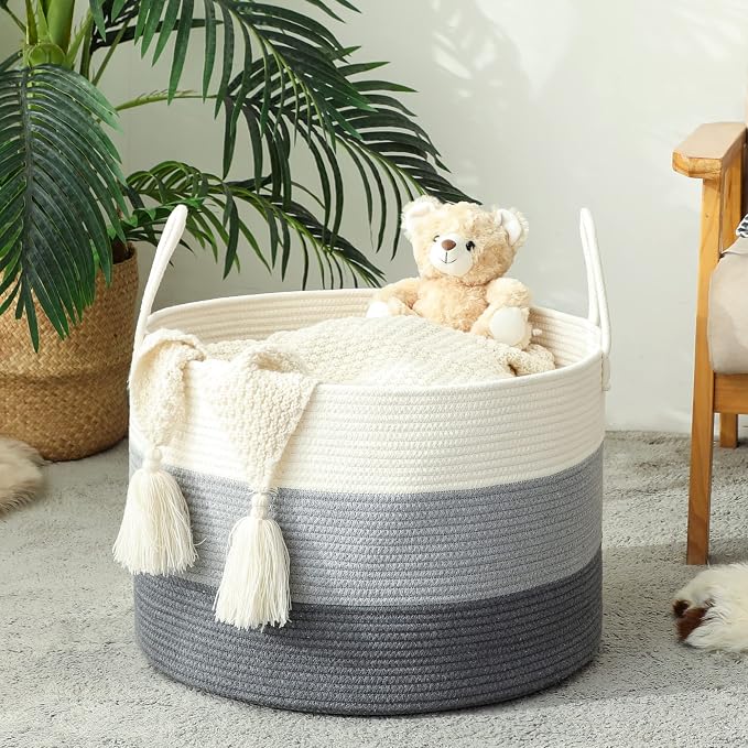 KAKAMAY Large Blanket Basket (20"x13"),Woven Baskets for storage Baby Laundry Hamper,Cotton Rope Blanket Basket for Living Room, Laundry, Nursery, Pillows, Baby Toy chest with Handles (White/Grey) | Extra Large Capacity | Natural Cotton Rope | Blanket ...