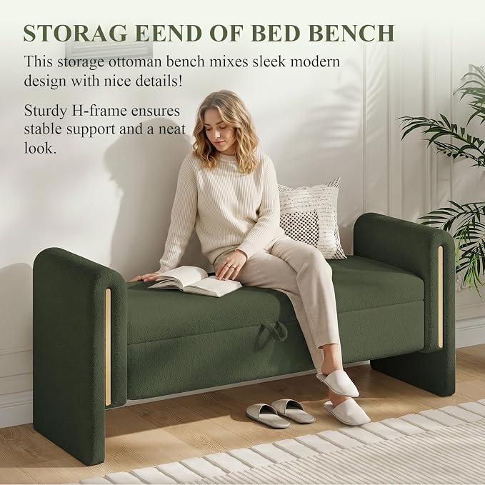 Storage Ottoman Bench, End of Bed Bench with Pull-Ring | 52" Teddy Upholstered, Window Bench with Armrest, Generous Storage, Safety Hinge, Holds 300 LBS, for Bedroom, Olive Green