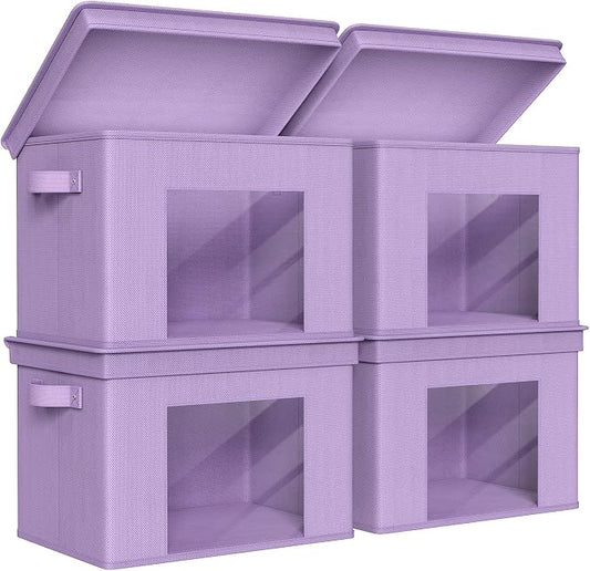 Univivi Fabric Storage Bins with Lids for Closet, 4 Pack, Purple | Fabric Foldable Storage Boxes, Sturdy Collapsible Storage Bins with Clear Window, Storage Cubes for Home, Closet, Shelves