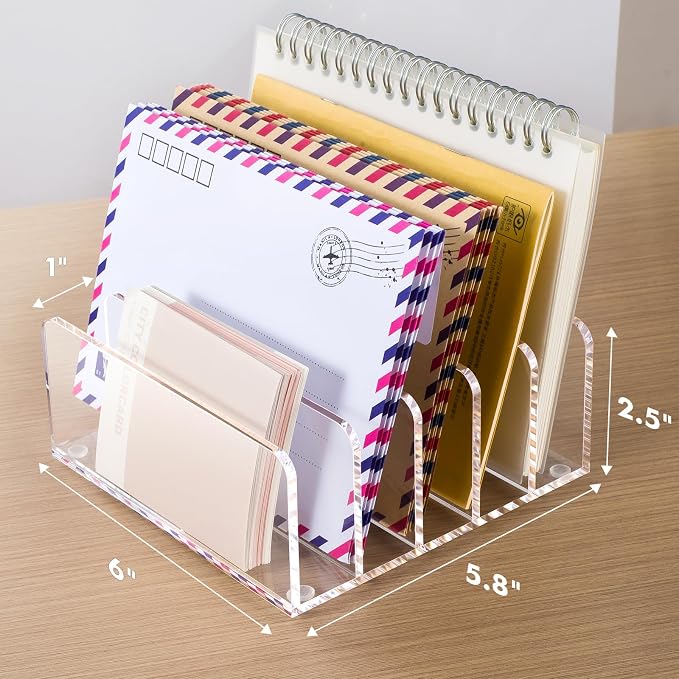 BEYGORM Acrylic Mail Holder, 5 Compartments Multifunction Desk Organizer | Clear Vertical Letter Sorter with Dividers, Modern Office & Home Storage for Bills, Documents & Folders(2 Pack)