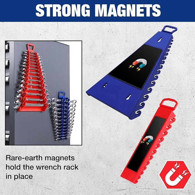 WORKPRO 4-Pack Magnetic Wrench Organizer,15-Slot and 12-Slot Gripper Holder | for Tool Boxes, Flexible Gripping Teeth and Carrying Handle, Fit for SAE and Metric, Blue, Red