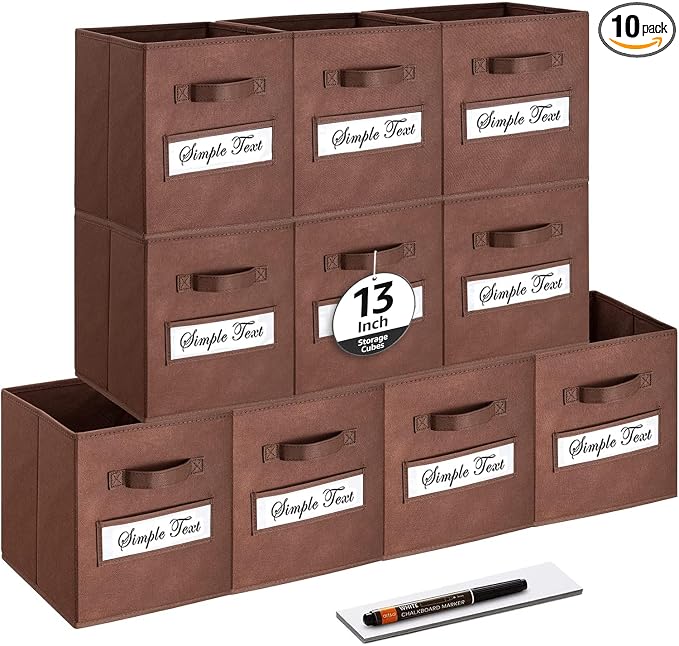 13x13x13 storage cube bins (Set of 10) Fabric storage cubes with 10 Labels Window Cards & a Pen, storage cubes 13x13, Collapsible 13 inch cube storage bins, Cubby Organizer Boxes, Brown