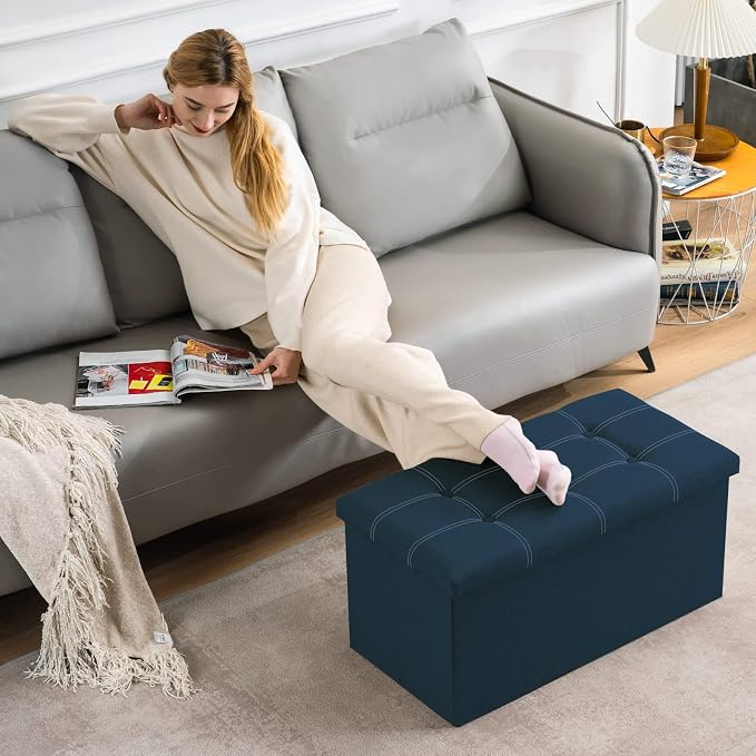 YOUDENOVA 30" Linen Ottoman with Storage, Folding Bench, Blue | Foldable linen ottoman with hidden storage, padded seat and sturdy frame for living room or bedroom.