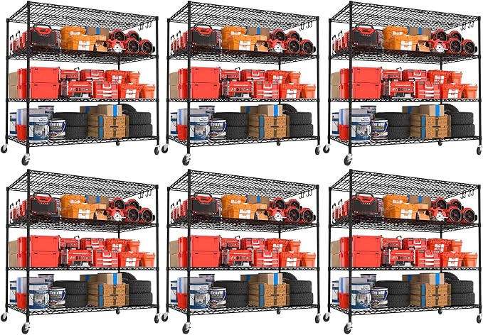 PrimeZone 4 Tier 55.5"W x 24"D x 80"H Heavy-Duty Wire Shelving with Wheels | Tote Storage Rack, Adjustable Shelves, 2400 LBS Capacity, 4" Rolling Casters, 25.4mm Steel Tube for Warehouse, Basement, 6PCS