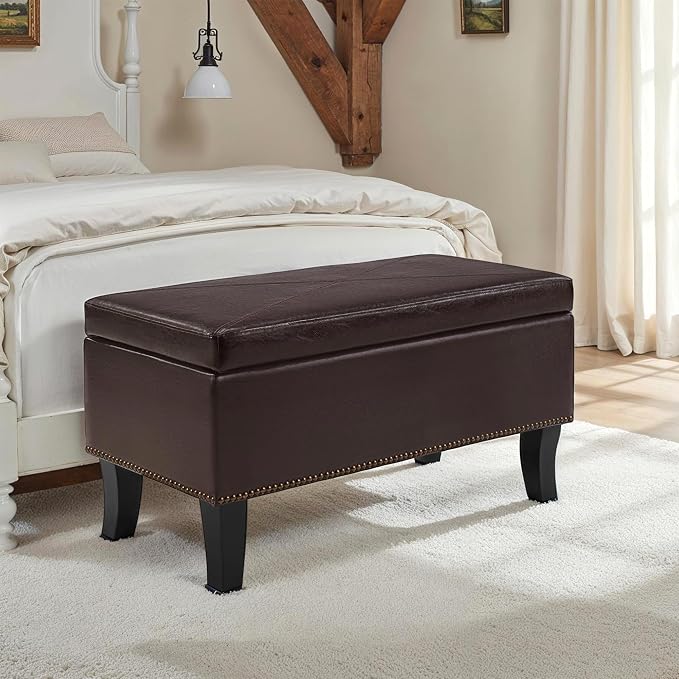 Convenience Concepts Designs4Comfort Winslow Storage Ottoman Bench 32" - Transitional Upholstered Footstool & Seat, for Living Room, Entryway, Hallway, & Bedroom, Espresso Vegan Leather