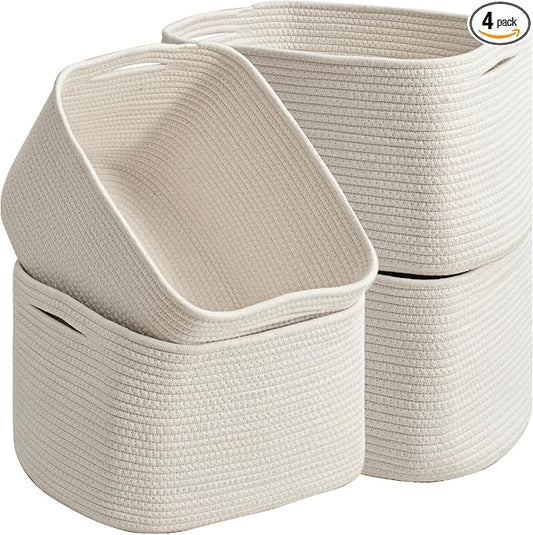 ICERZCZ Woven Cotton Rope Storage Baskets for Organizing & Shelves, Organization Bins for Dog Toys, Clothes, Books, Nursery Organizer, 15"x11"x9", Off White (4 Packs)