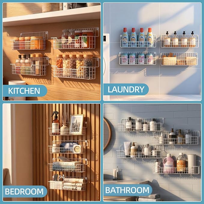 Spice Rack Wall Mount 4 Pack, Metal Wall Mounted Spice Rack Organizer for Cabinet Door & Pantry, Space-Saving Kitchen Spice Rack Shelf, White