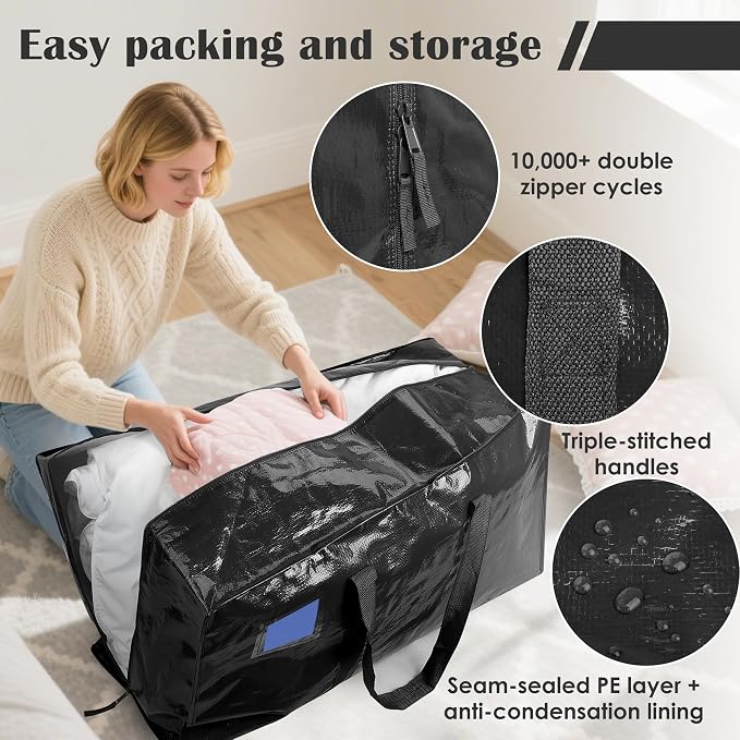 6 Pack Moving Bags with Full-Open Side Zipper, Extra Large 93L Heavy Duty Waterproof Foldable Storage Totes for College Dorm, Moving & Home Organization Black