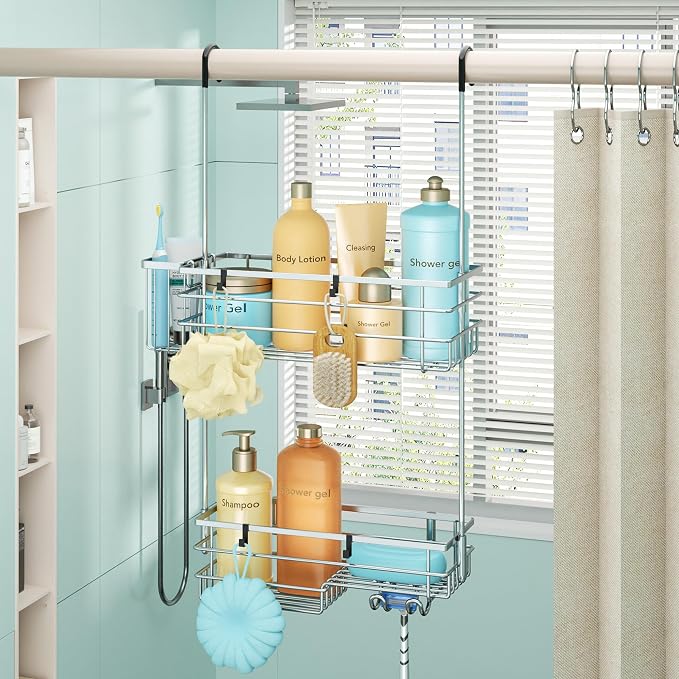 HapiRm Hanging Shower Caddy Organizer - No Drilling Shower Shelves with Hooks and Toothbrush Holder, Rustproof 304 Stainless Steel Bathroom Organizer - Silver