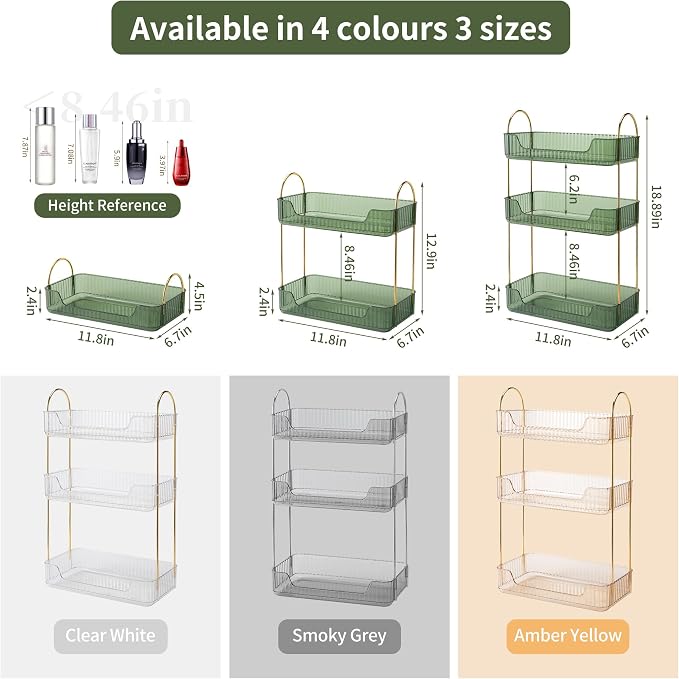 YCIA&DONE Bathroom Organizer Countertop, Makeup Storage, Skincare Cosmetic Tray Shelf, Perfume Holder Rack for Vanity Counter, Large Capacity, Easy to Install, Clean, 3 Tiers, Vintage Green