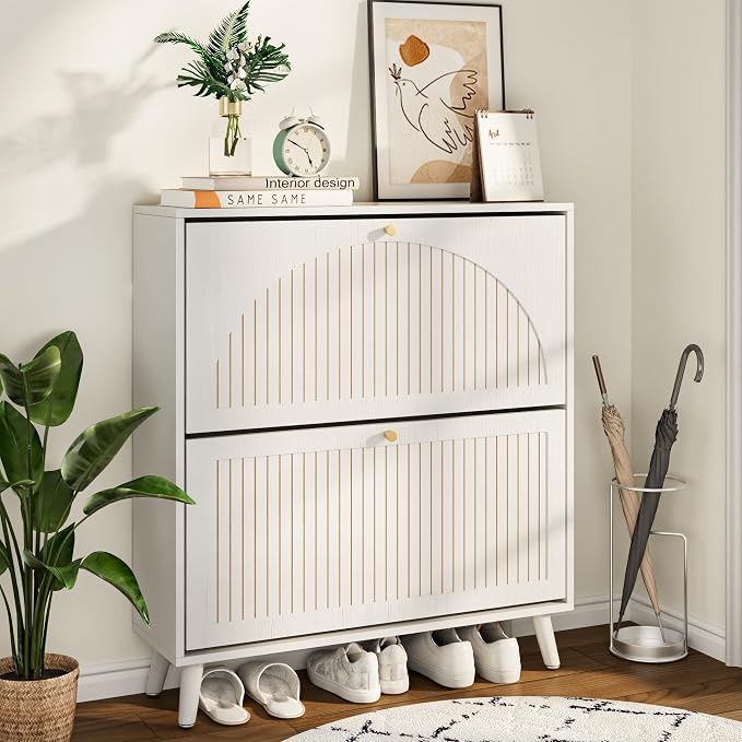 Fsbecl Shoe Storage Cabinet for Entryway with 2 Flip Drawers, Narrow Wood Shoe Cabinet with Fluted Panel, Freestanding Hidden Shoe Organizer for Hallway