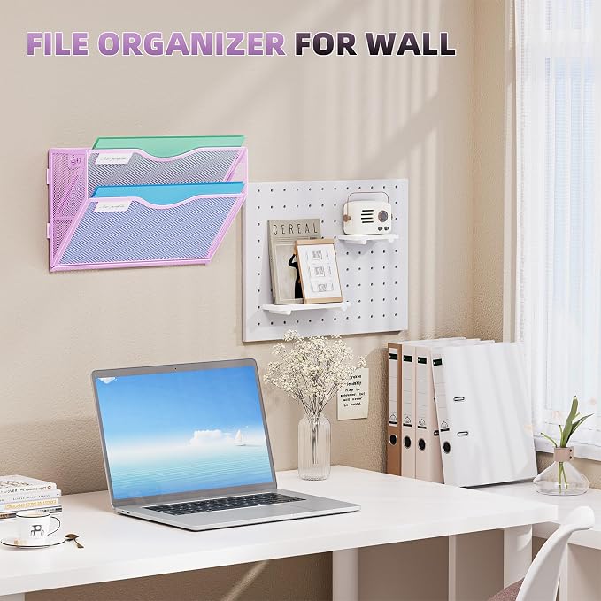 Marbrasse Wall File Holder 2-Tier Hanging Wall File Organizer, Mesh Mail Holder for Papers, Wall Mount File Clipboard & Magazine Organizer Great for Office Home - 2P(Purple)
