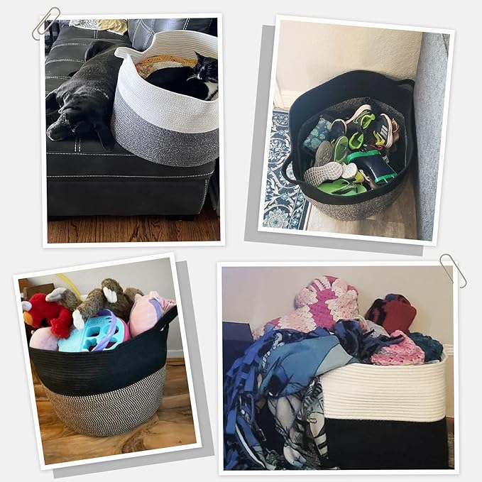 INDRESSME XXXLarge Woven Rope Blanket Basket Living Room White Black, 90L | 21.7" x 13.8" Storage baskets for toys laundry & pillows. Fits living room, bedroom or nursery décor. Soft-touch with handles