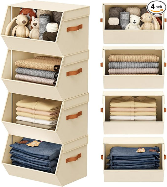 Stackable Closet Organizers and Storage Bins, Open Front Closet Shelf Organizer System With Steel Frame, Clothes Storage Basket Fabric, Collapsible Closet Drawers for Wardrobe, Nursery ,Toy, 4 Pack