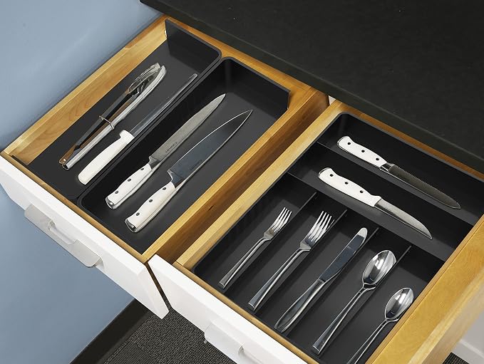 Simple Houseware Expandable Kitchen Drawer Flatware Organizer, Black | Expandable Kitchen Drawer Flatware Organizer, Black – Adjustable Cutlery Tray with 9 Compartments for Utensils and Silverware