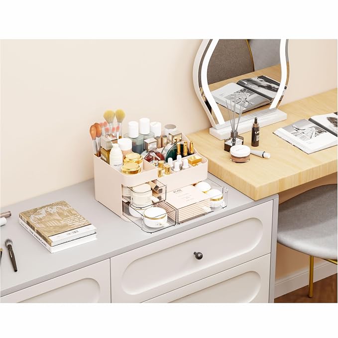 Pink Make up Organizers for Vanity with 3 Drawers,Large Skincare Organizers for Countertop,Desk,Dresser,Plastic Bathroom Counter Organizer for Eyeshadow Palettes,Perfume,Make up Brush Organization