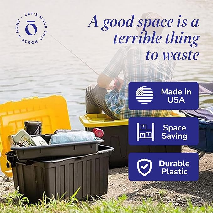 HOMZ 4-Pack Durabilt Tote, Heavy Duty Plastic Storage Bins with Lids, 15 Gallon, Black/Yellow - Stackable Organizing Containers for Home, Garage, and Office