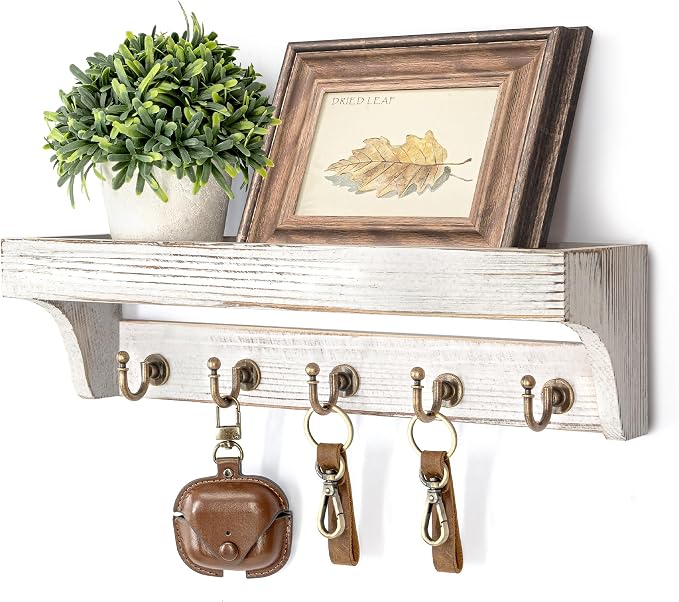 Rebee Vision Key Holder Wall Mount with Shelf for Living Room, Whitewash | 5 Key Hooks, Pine Wood, Rustic Key Holder for Wall, Mail Organizer, Letter Storage, Practical Home Organization