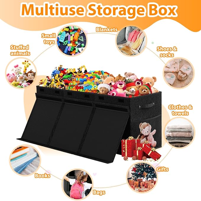 Large Toy Storage Box with Lid, Dividers, Collapsible Kids Toy Chest, Black | Toy Box for Boys, Girls, Nursery, Bedroom, Living Room, Playroom, 40X14X16 inches