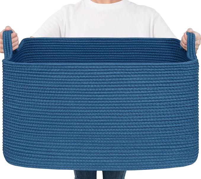 Goodpick Large Cotton Rope Blanket Basket, Rectangle Organizer, Dark Blue | 21.6 x 14.9 x 11.8 in, Reinforced Handles, Living Room, Bedroom & Nursery Organization, Blankets, Towels & Toys Storage