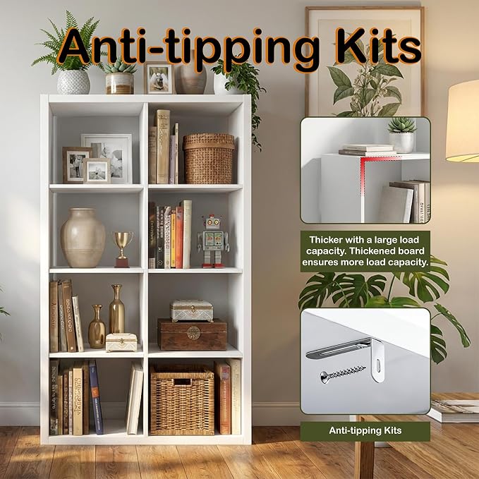 WannabeMyself【2026 Wooden Thick Frame】 8 Cube Storage Organizer with Anti-Tipping Kits, Reversible Open Back Book Shelf,Bookcase for Living Room,Bedroom,Entrance Hall,Office,11.6×48×24.6,White