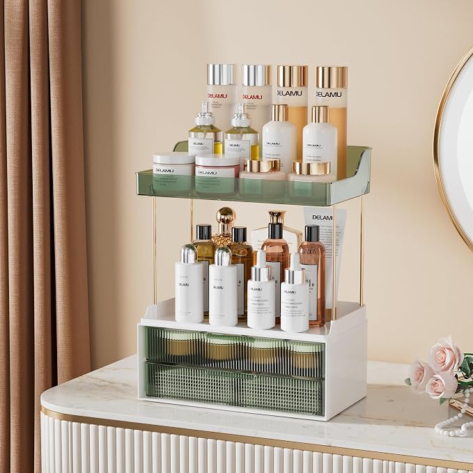 Delamu 4-Tier Makeup Organizer, Bathroom Counter Storage, 2 Drawers,Green | Elegant Vanity Organizer Gift for Women, Holds Perfume, Skincare, Nail Polish & Hair Accessories for Bathroom Countertop