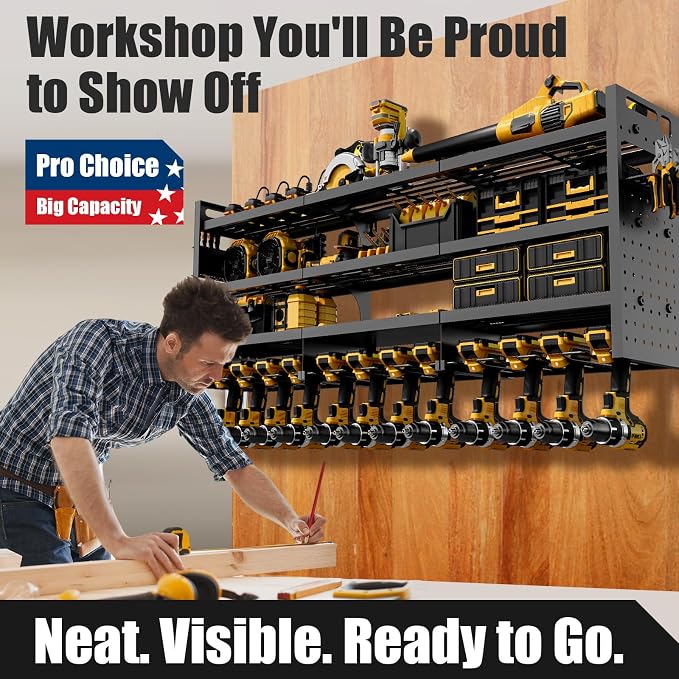 Power Tool Organizer Wall Mount | 8-Outlet TR Charging Station | Garage Storage Rack with Cordless Drill Holder | Heavy Duty Metal Shelf for Workshop Organization