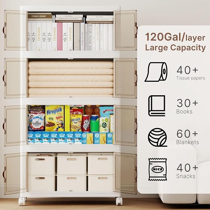 536QT Extra Large Stackable Storage Bins with Lids & Wheels | & Door,Total 134Gal for 4-Tier set Foldable Collapsible Closet Organizers, Plastic containers drawers for bedroom Dorm