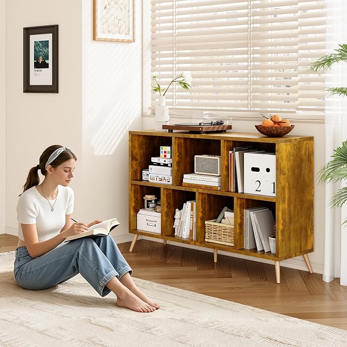 7-Cube Storage Organizer with Natural Wood Legs, Mid-Century Modern Bookcase and Display Cabinet, Freestanding Toy Storage Bookshelf for Living Room, Kids Room and Bedroom, Rustic Brown
