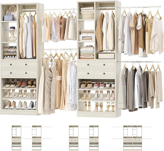 Besiost Closet System, Up to 134"/11.2 FT Closet Organizer with 4 Wooden Drawers and Shelves, Walk-in Closet System with 6 Hanging Rods, Built-in Closet Can Fit 96"/8FT, 120"/10FT, Greige Oak Set 2