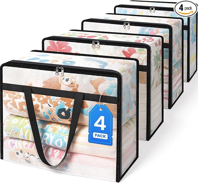 BlissTotes Moving Bags 40L 4PCS, Clear Clothes Storage Under Bed Storage | Foldable Clothes Storage Bags with Sturdy Zippers & Handles for Comforter, Bedding, Books, Sheet, Transparent Containers