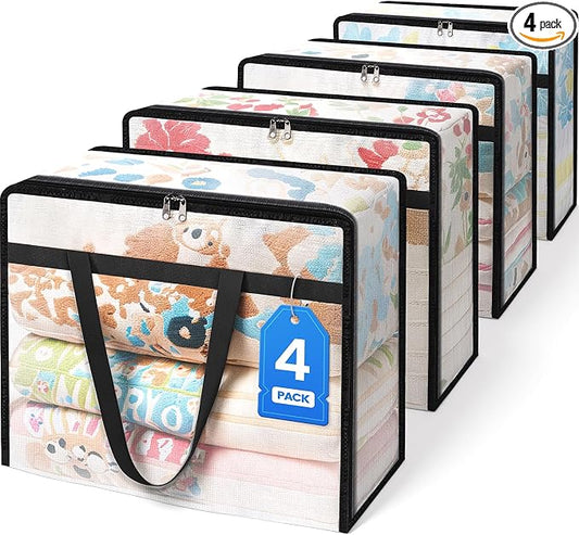 BlissTotes Moving Bags 40L 4PCS, Clear Clothes Storage Under Bed Storage | Foldable Clothes Storage Bags with Sturdy Zippers & Handles for Comforter, Bedding, Books, Sheet, Transparent Containers