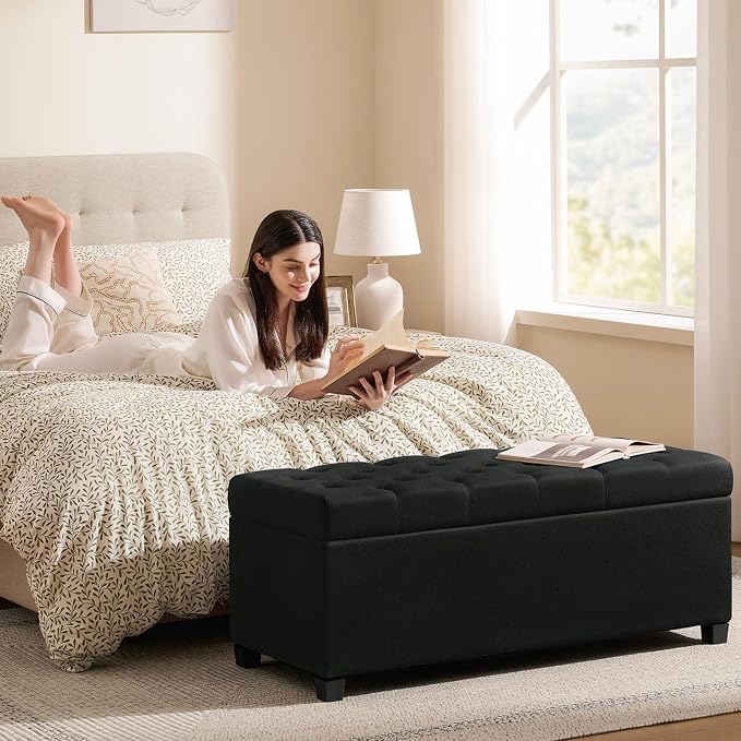 Living&Giving Storage Ottoman Bench for Bedroom, 47.2", Black | 47.2-inch storage ottoman with safety hinge, tufted upholstered seat and spacious hidden storage for everyday organization.