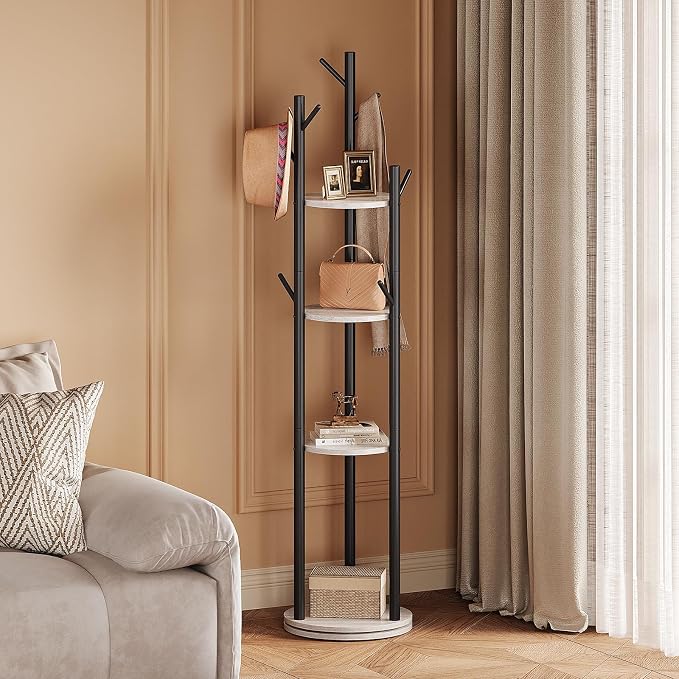 Espelism Rotary Coat Rack Stand, Freestanding Metal Hall Tree with 9 Hooks | 4-tier coat stand with wood storage shelves. Ideal for entryway, bedroom, corner or office clothing organization.Grey