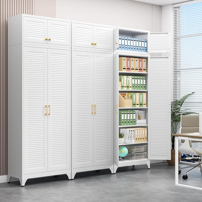 Polup 90" Tall Metal Kitchen Pantry Storage Cabinet with Doors and Shelves | Heavy-Duty White Cabinet, 5 Adjustable Shelving, Gold Handles, Louvered Doors, for Dining Living Room, Bathroom & Garage