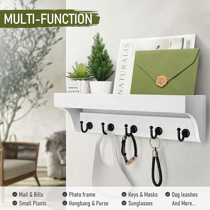 Rebee Vision Key Holder Wall Mount with Shelf for Room Decor, White | 5 Sturdy Hooks, Floating Shelf, Decorative Hanging Organizer, Key Holder for Wall, Apartment Storage Accent