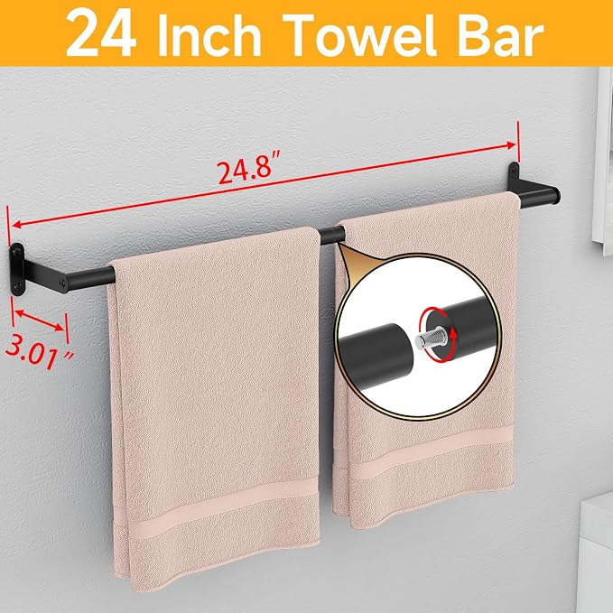 MKO Towel Bar for Bathroom Wall, 24 Inch Single Towel Rod Rack, Black | Heavy Duty Stainless Steel, Towel Racks for Bathroom, Wall Mounted, Hand Towel Holder