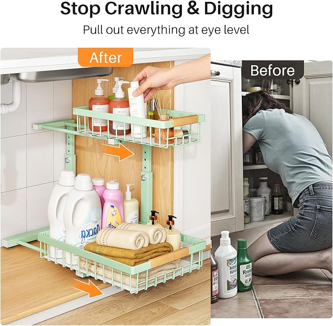 PXRACK Under Sink Organizer, Adjustable Height, 2 Tier Pull Out Under Cabinet Organizer, Slide Out Thickened Metal Under Sink Storage for Kitchen Bathroom Laundry Pantry Cabinet, Green, Large-1-Pack