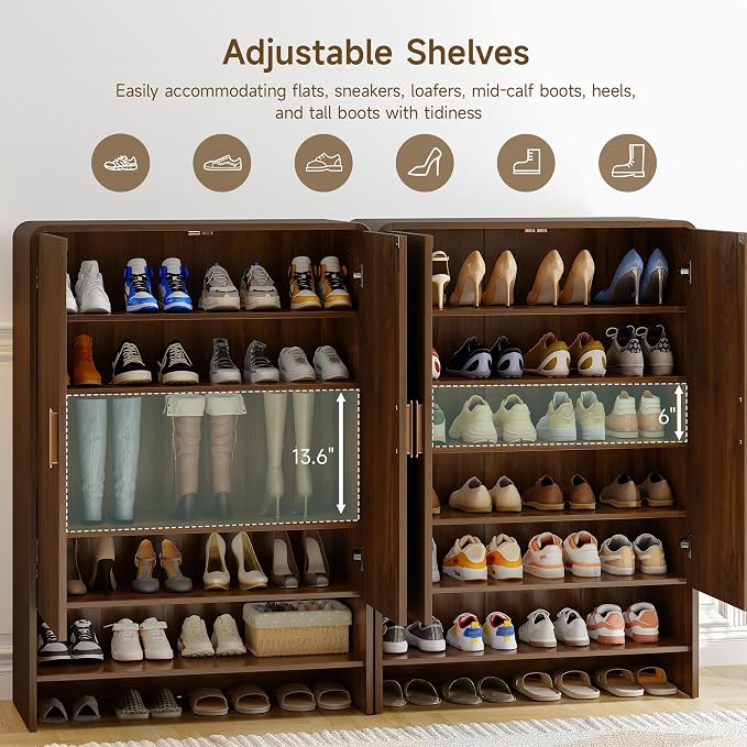 6-Tier Shoe Storage Cabinet, 45'' Large Farmhouse Shoe Cabinet for Entryway, Modern Wooden Shoe Rack Organizer with Doors and Shelves, for Front Door Hallway (Walnut)