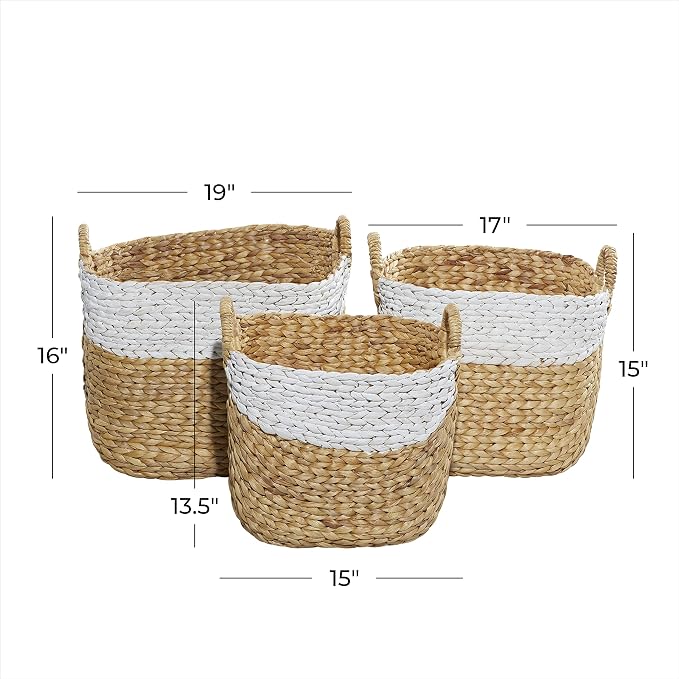 Deco 79 Seagrass Handmade Two Toned Storage Basket with Handles, Set of 3 19", 17", 15"W, Brown