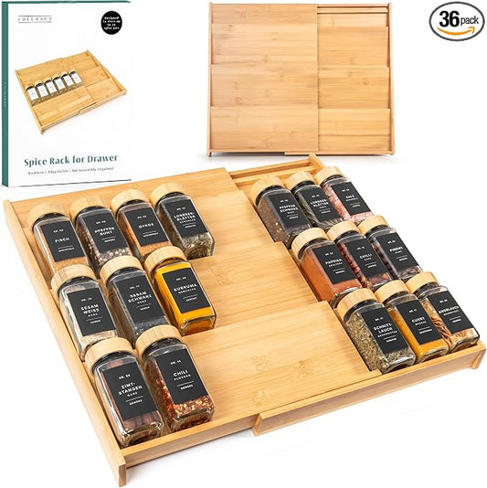 EDELHAUS Bamboo Spice Drawer Organizer - Expandable 4 Tier Spice Rack (Need 3" Deep Drawer) 12" to 24" Wide, Seasoning Organizer, Organization Seasoning Rack insert (Jars Not Included)