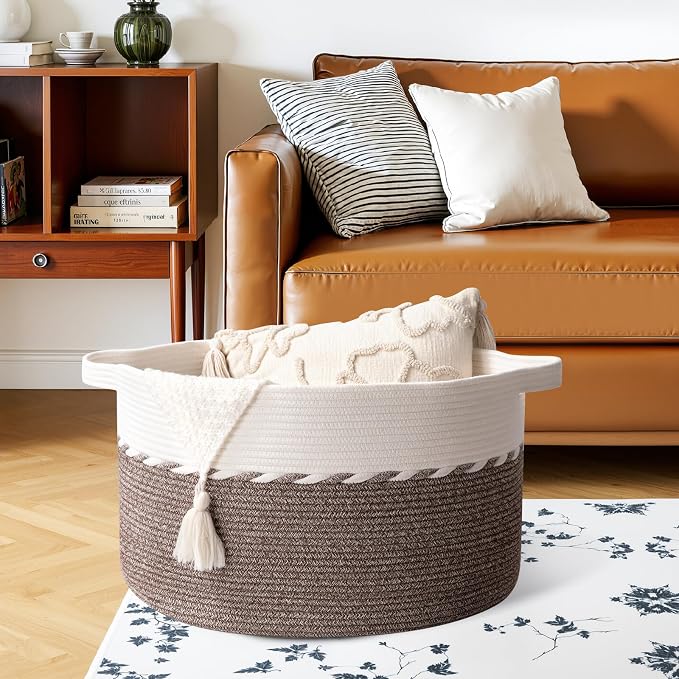 OIAHOMY 105L Extra Large Blanket Basket - Decorative Cotton Rope Storage Basket for Bedroom, Living Room & Nursery - Woven Laundry Hamper for Organizing Blankets, Clothes & Toys - Brown & White