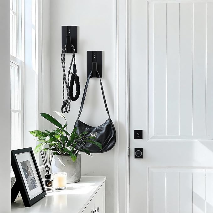 Wood Wall Hooks for Entryway: 2Pack Folding Black Modern Coat Hooks | Heavy Duty Hanger for Hanging Towels Backpack Bags Jacket - Space Saving Minimalist Design for Aesthetic Homeowners