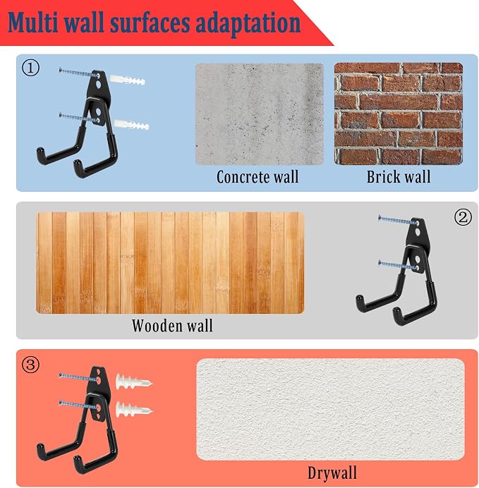 4 Pack Garage Hooks Heavy Duty, Garage Tool Organizer Wall Mount | Utility Organizer, Steel Utility Storage Hooks for Ladders, Garden Tools, Bike, Ropes, Bulk Items
