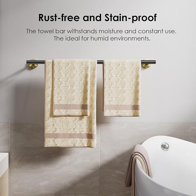 FORIOUS Towel Bar 24" Towel Racks for Bathroom Wall Mounted Black and Gold | Total Length 26 Inch, Rustproof, Stainless Steel Towel Holder, Wall Mounted for Bathroom Bedroom, Heavy Duty, Space Saving