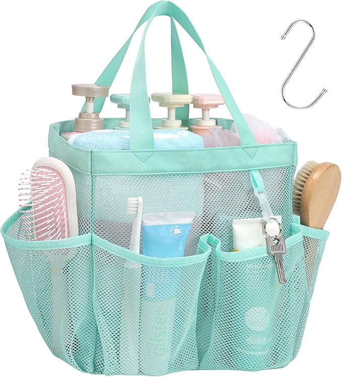 Mesh Shower Caddy Portable - 8 Pockets, S-Hook, Shower Bag for Dorm Camping | 2-Handle, Quick-Dry, Hanging Toiletry Organizer, College Dorm Room Essentials for Girls, Gym, Travel & Bathroom, Sage Green