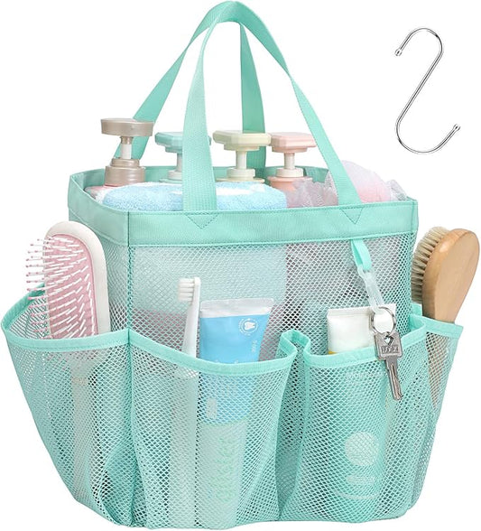 Mesh Shower Caddy Portable - 8 Pockets, S-Hook, Shower Bag for Dorm Camping | 2-Handle, Quick-Dry, Hanging Toiletry Organizer, College Dorm Room Essentials for Girls, Gym, Travel & Bathroom, Sage Green